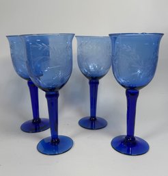 Four Etched Blue Blown-glass Wine Glasses