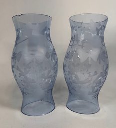 Pair Of Butterfly And Botanical Etched Blue Blown-glass Hurricanes