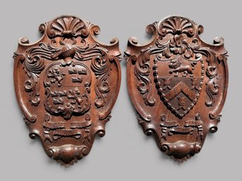 Two Continental Style Relief Carved Wood Crests, C. 1930