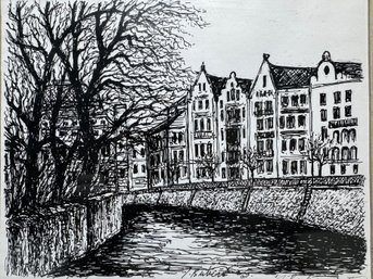 T. Rubin Co, Amsterdam Canal Houses, Signed Lithograph On Paper