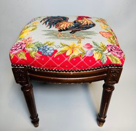 French Louis XVI Style Stool With Rooster Needlepoint Seat