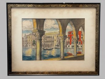 Unknown Artist, View Of The Grand Canal, Hand Colored Etching, C. 1960