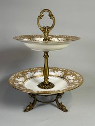 Vintage Porcelain And Brass Two Tier Cake Stand