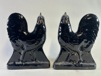 Pair Of Jackfield Pottery Style Black Glazed Roosters - 19th Century