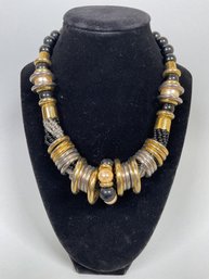 Vintage Black And Gold Bead And Ring Necklace