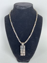 Silver Beaded Necklace With Rectangle Pendant