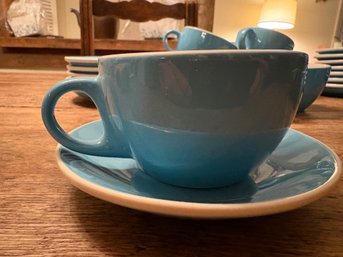 Set Of 6 Blue Porcelain Cappuccino Cup And Saucer Set By Espresso Parts.