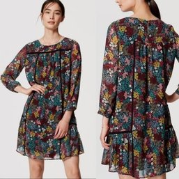 Ann Taylor Loft Wildflower Floral Print Babydoll Dress With Sheer Three-quarter Sleeves And Black Lace Trim