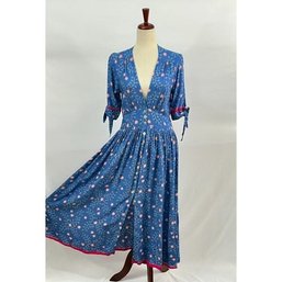 Blue Floral-print Rayon Layla Dress By Natalie Martin Featuring Distinctive Hot Pink Trim Accents On Sleeve