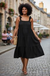 Nordstroms Black Free Assembly Women's Tie Shoulder Tiered All Cotton Maxi Dress NWT Size S