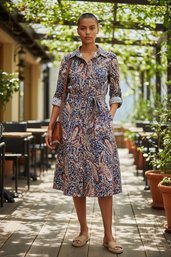 Talbots Belted Poplin Shirtdress In A Red And Blue Paisley Print