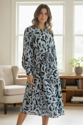 Topshop Smudge Oversize Balloon Long Sleeve Dress In A Blue And Black Brushstroke Pattern