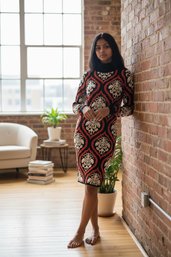 100% Cotton Geometric Mock Neck 3/4 Length Dress In Orange Brown, And White.
