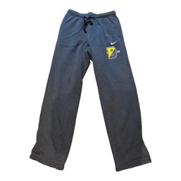 Gray Nike College Club Fleece Sweatpants Featuring An Embroidered University Athletic Logo On The Left Leg.