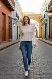 Cream-colored Pointelle-knit Long-sleeve Crop Top By Social Revival Featuring An All-over Vertical Ladder