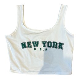 White SHEIN Letter Graphic Tank Top Featuring A Contrasting Green Collegiate-style 'NEW YORK U.S.A.' Print Acr