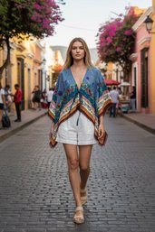 Vintage Betsey Johnson Floral Butterfly Scarf Poncho Top Featuring A Tie-front Closure And A Handkerchief Hem