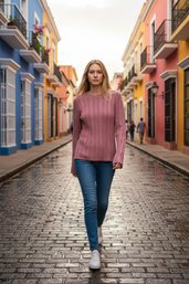 American Eagle Form-fitting Cable Knit Crewneck Sweater In A Dusty Rose Shade.