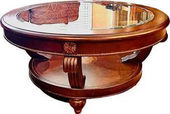 Vinatage Round Glass Top Coffee Cocktail Table With Wooden Inlaid Design On  Shelf