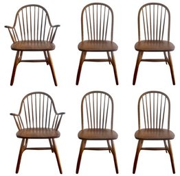 Six Windsor Chairs Two Arm & Four Side - Oak - Very Good Condition!