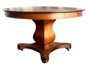 Vintage Pedestal Base Oak Dining Table With Five Leaves For Extension - On Original Casters