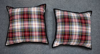 Ralph Lauren Red Tartan Plaid Black Velvet Trim Throw Pillow Pair