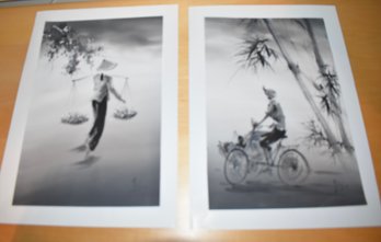 Pair Of Black White Grey Cambodian Paintings On Silk Textile Art