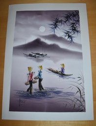 Cambodian Painting On Silk Women In Field With Boat Textile Art