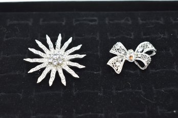Vintage Rhinestone Radiant Sun And Bow Brooch Pins #951