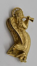 Vintage Gerry's Gold Toned Angel Playing Horn With Crystal Crown Brooch Pin Christmas #954