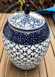 Pier 1 White And Blue Canister Lidded Ginger Jar