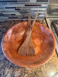 Wooden Salad Bowl With Wooden Salad Tongs