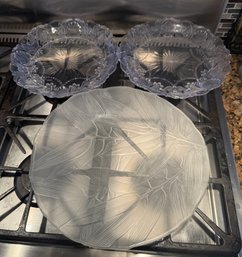 Frosted Glass And Pair Of Plastic Round Serving Plates