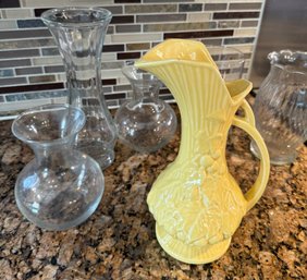 Vintage 9' Yellow McCoy Pitcher Vase With Glass Vase Lot