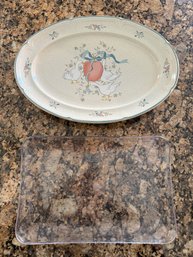 International China Company Oval Serving Stoneware Platter Marmalade Pattern And Hard Plastic Rectangular Tray