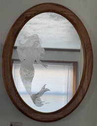 Frosted Mermaid Etching On Wood Framed Mirror