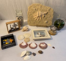 Harvey Lewis Ornament, Shell Fossil W/stand, Shells, Candle, Dolphin Candle Topper, Ship & Seagull Shadow Box