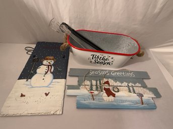Christmas Winter Hanging Decor, Wreath Door Hangers And Galvanized Tin Tis The Season Metal Storage Bucket