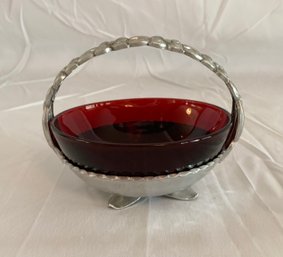 Vintage Rodney Kent Hammered Aluminum Metal Basket & Ruby Red Glass Dish Bowl