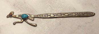 Navajo Sterling Silver Turquoise Road Runner With Red Coral Eye Letter Opener #652