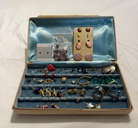 Vintage Mele Jewelry Box Travel Hard Leather Case Satin And Blue Velvet Interior With Earrings