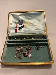 Oriental Embroidered Silk Jewelry Hard Travel Case W/ American Red Cross, American Legion & Nursing Pins Ring