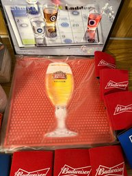 Party Time!! Stella Bar Mat, Koozies, Labatt Blue And Budweiser Coasters, Shot Glass And Shot Glass Game