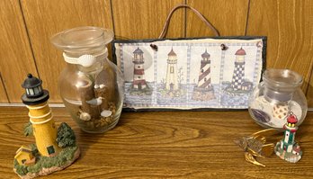 Evergreen Slate Lighthouse Palatte, Lighthouse Statue, Glass Fish And Other Nautical Beach
