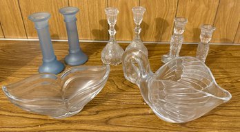 Crystal Swan And Whale Tail Bowl With Indiana Glass Blue Frosted Candlesticks And  Crystal Glass Candle Sticks