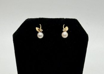 14K Gold Pearl And Diamond Leaf Studs With 14K Backs #656