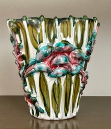 Italian Majolica Ceramic Pinched Handmade Vase Floral Stripe