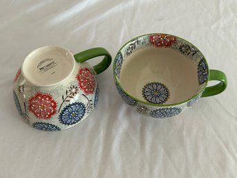 Pier 1 Large Soup Floral Stoneware Mug Pair
