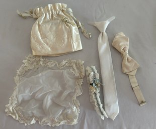 Antique Wedding Accessories: Satin Bag, Garter, Boy's Tie, Bowtie And Lace Handkerchief