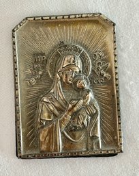 Small Antique Mother Mary And Jesus Metal Plaque On Stand